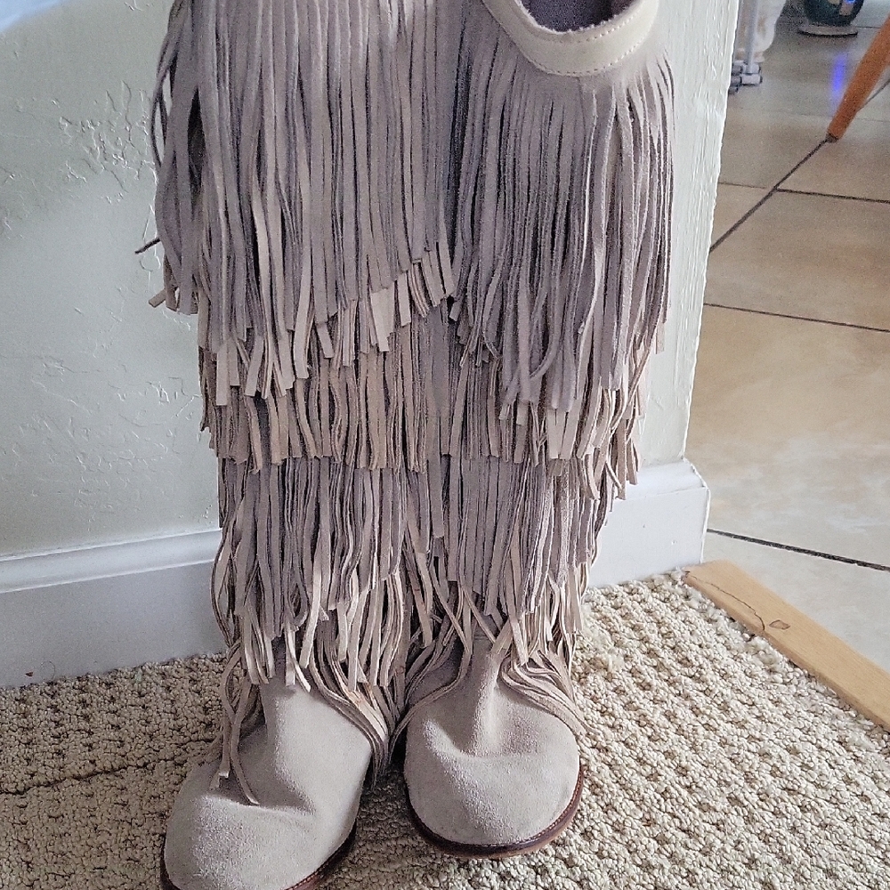 Zara Grey/Tan Fringe Half Calf Boots - Picture 4 of 8